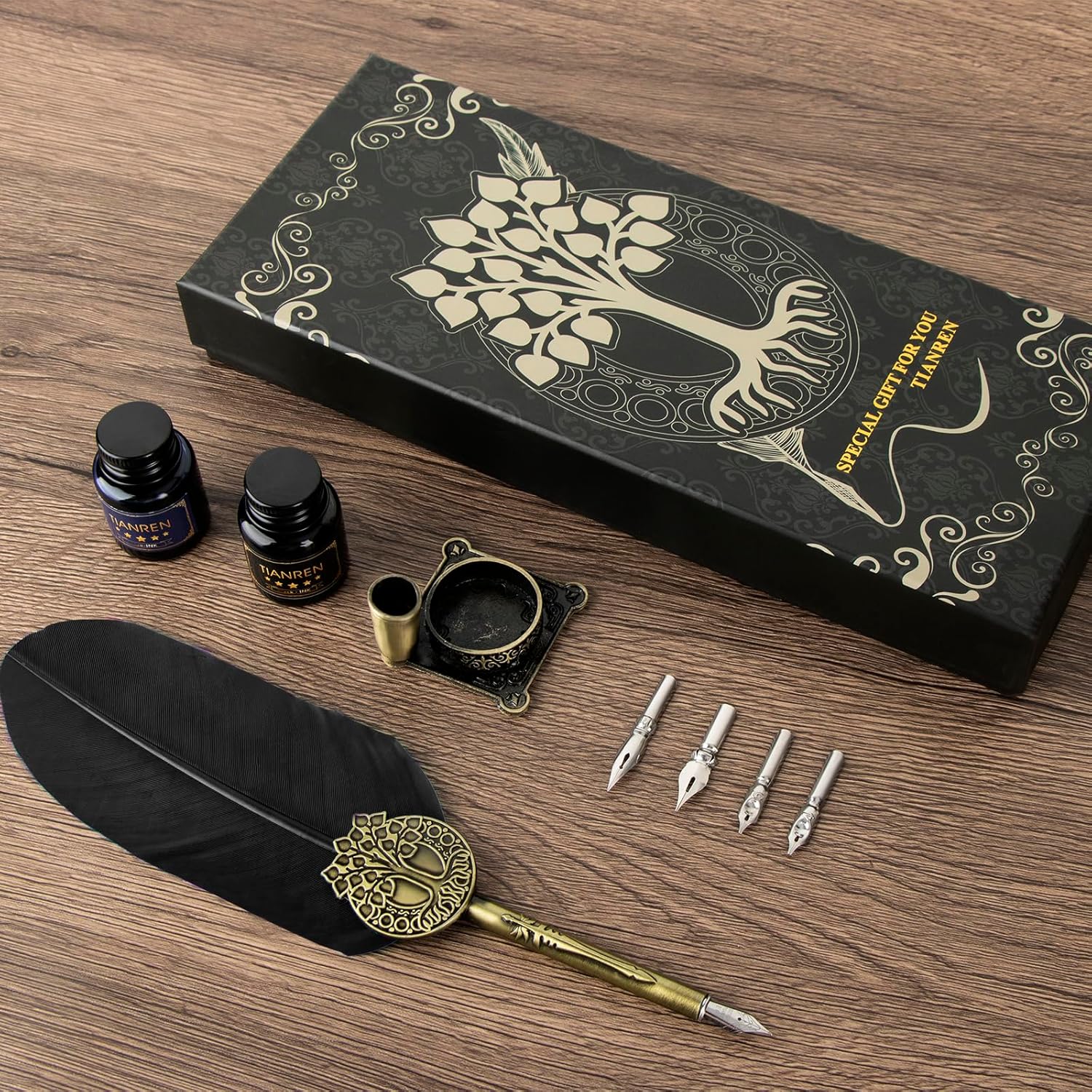 Juego de tinta de pluma, bolígrafo de plumas y tinta, bolígrafo de caligrafía antiguo con 4 puntas reemplazables, 2 botellas de tinta, soporte para