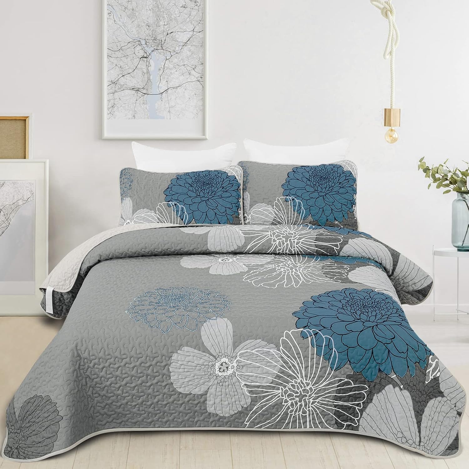Juego de edredón floral tamaño California King, color azul, bohemio, 3 piezas, suave y ligero con 2 fundas de almohada para todas las estaciones,