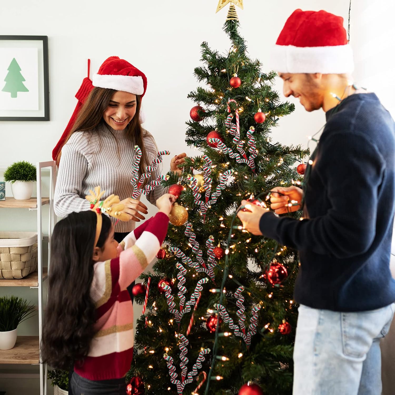 6 campanas de lana de Navidad, púas rizadas, verde, rojo, blanco, decoración de árbol de Navidad, ramas de Navidad con campanas, decoraciones
