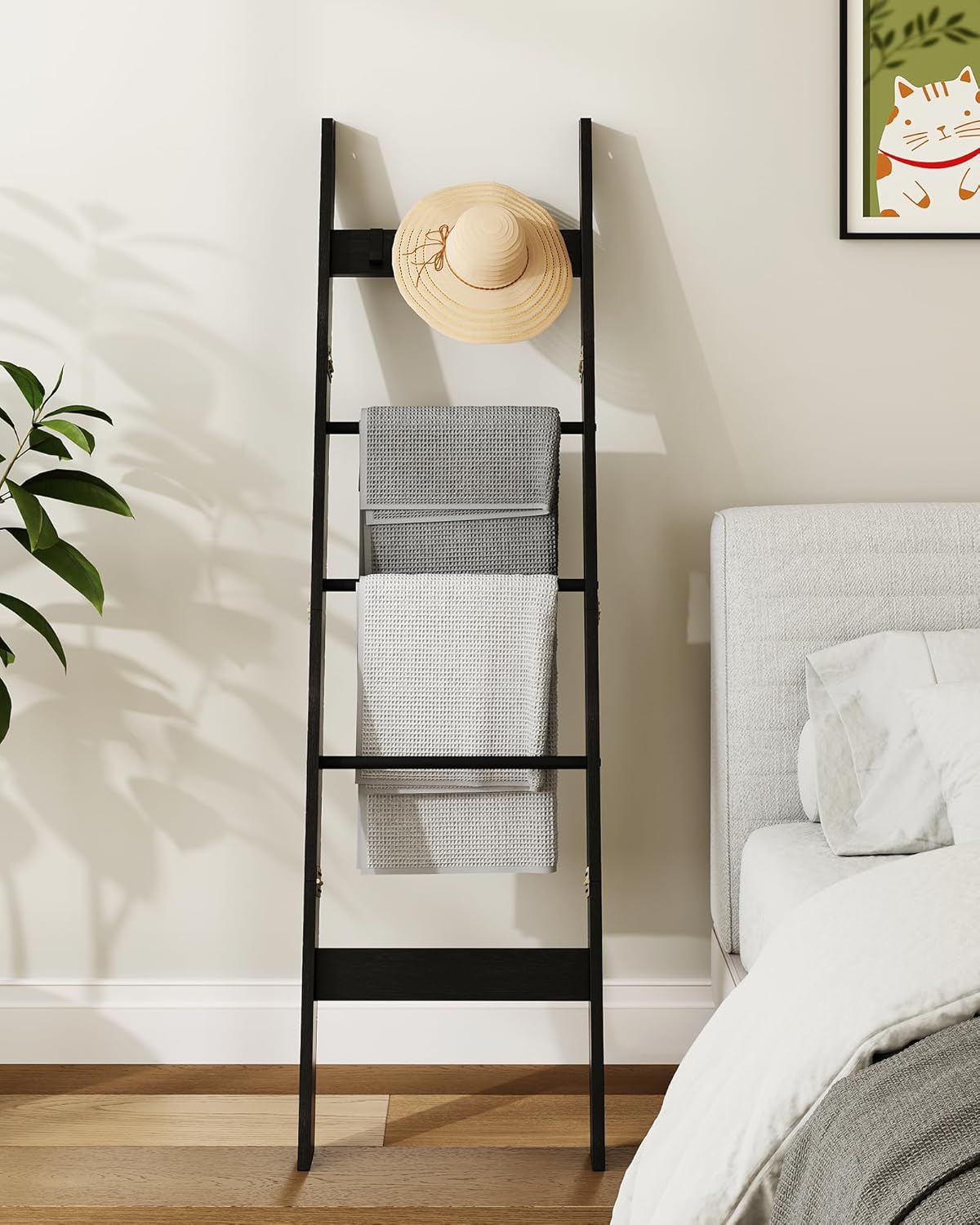 Hzuaneri Estante de escalera para manta para dormitorio, estante decorativo de madera con 4 ganchos extraíbles, organizador de escalera de granja de