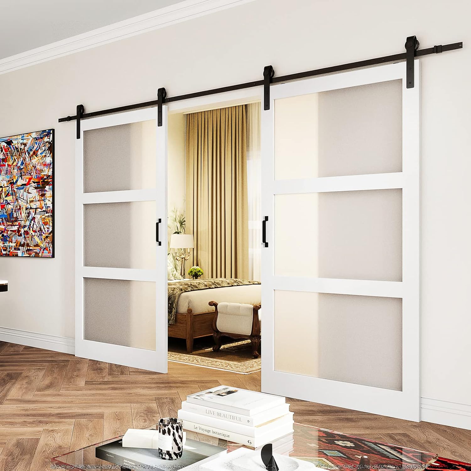 Puerta corredera de granero doble, 84 pulgadas (doble 42 x 84 pulgadas, puerta de granero de vidrio esmerilado, superficie de PVC impermeable, kit
