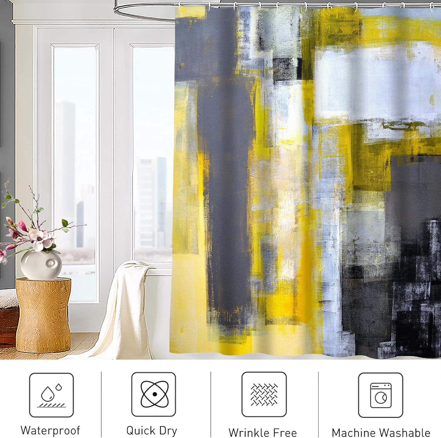 Cortina de ducha amarilla y gris, diseño de pintura de arte abstracto, patrón de marcas de pincel moderno, decoración de baño, juego de cortina de