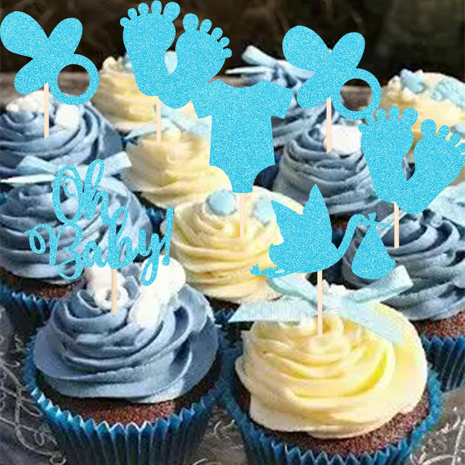 Paquete de 30 decoraciones para cupcakes con purpurina para baby shower, para niños, para chupete, pies, revelación de género, para pasteles,