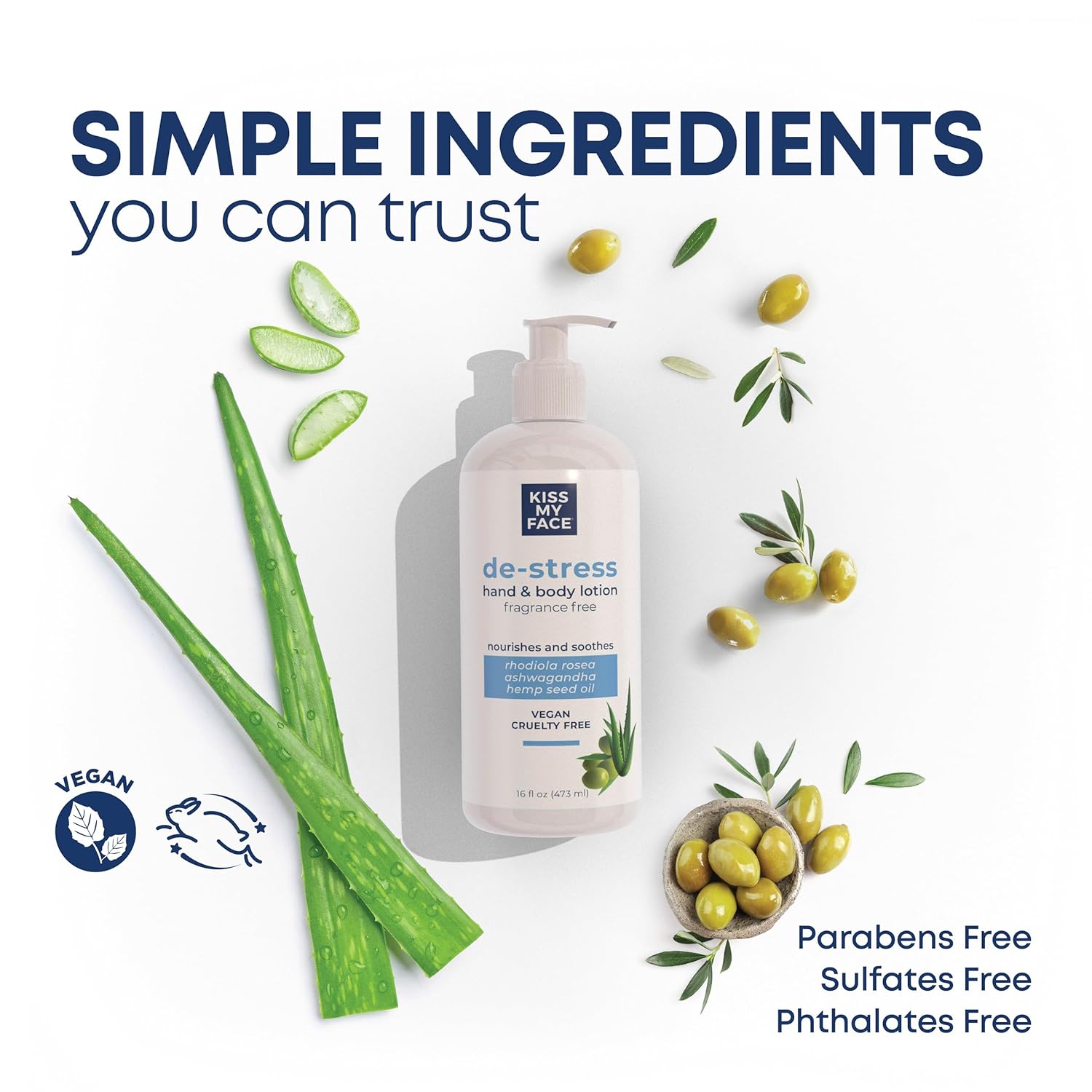 Kiss My Face De-Stress Loción para manos y cuerpo sin fragancia, hipoalergénica, libre de crueldad, loción vegana para piel seca – Botella de 16