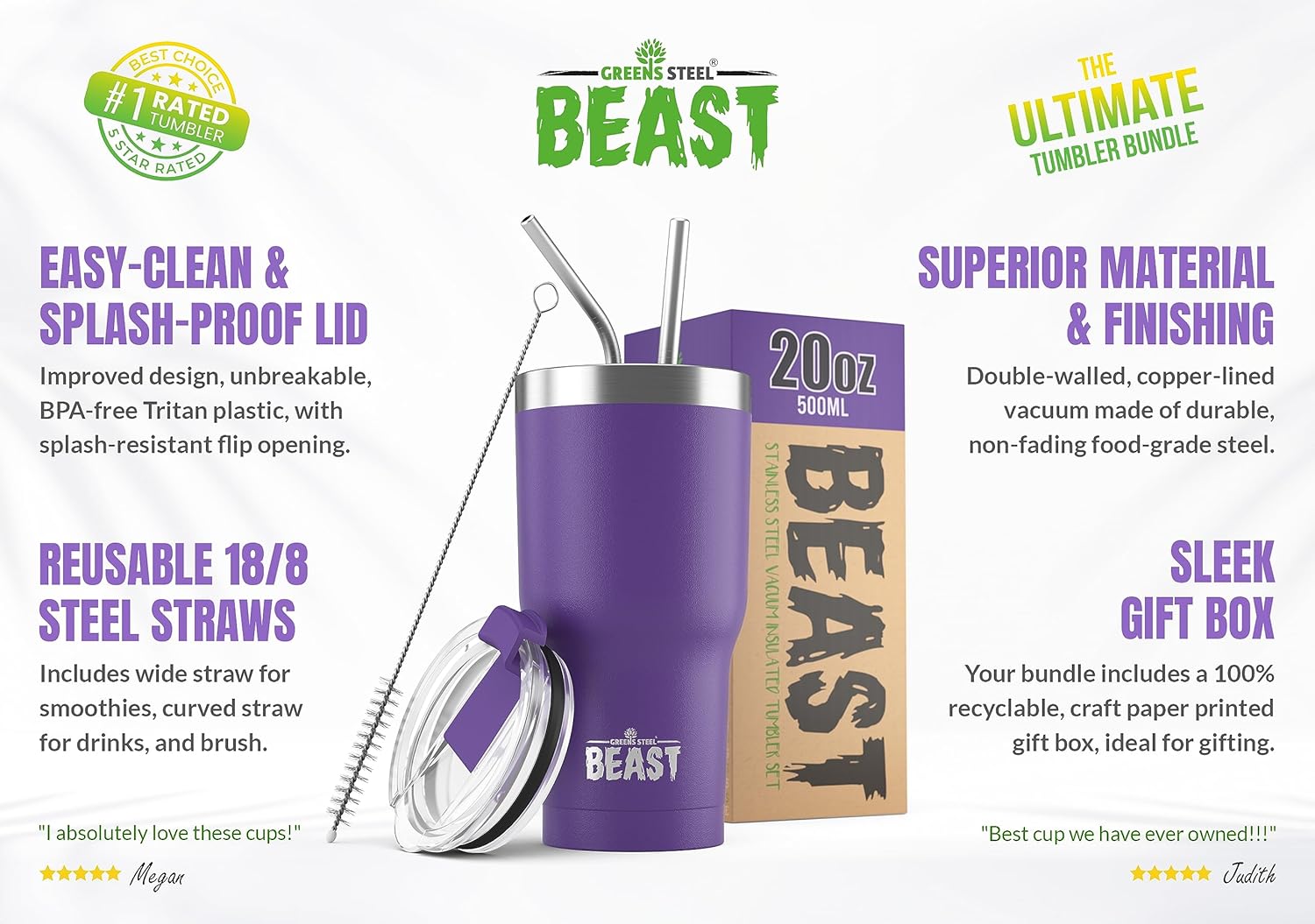 Greens Steel Beast – Vaso de acero inoxidable con aislamiento al vacío para café, taza de hielo, termo de viaje de doble pared, 20 onzas (morado)