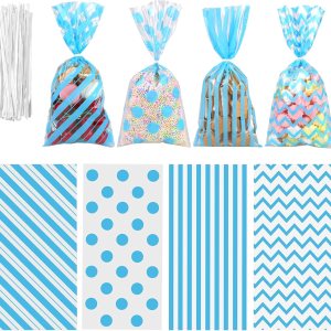 Aneco Paquete de 100 bolsas de celofán azul, bolsas de plástico para dulces, bolsas de regalo, bolsas de regalo con lazos giratorios para San Aneco Paquete de 100 bolsas de celofán azul, bolsas de plástico para dulces, bolsas de regalo, bolsas de regalo con lazos giratorios para San