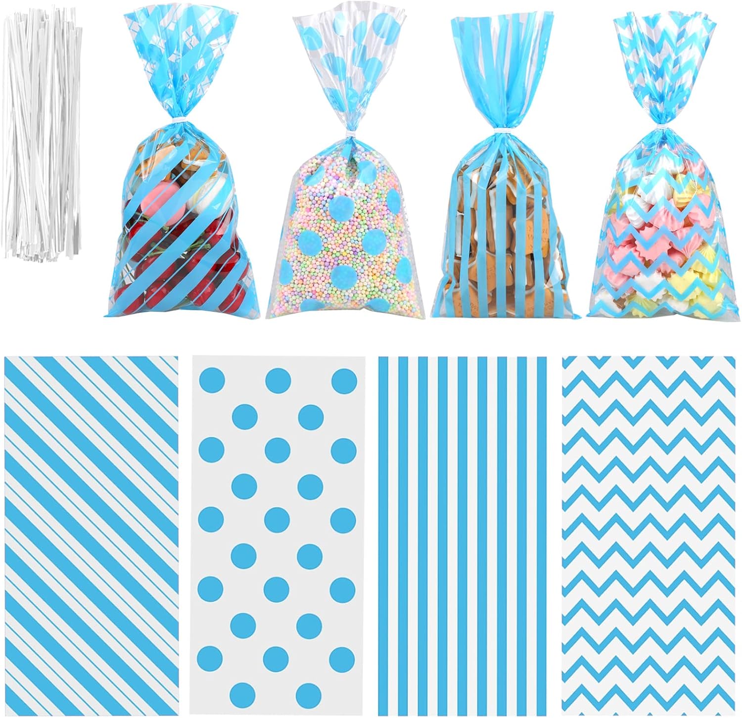Aneco Paquete de 100 bolsas de celofán azul, bolsas de plástico para dulces, bolsas de regalo, bolsas de regalo con lazos giratorios para San