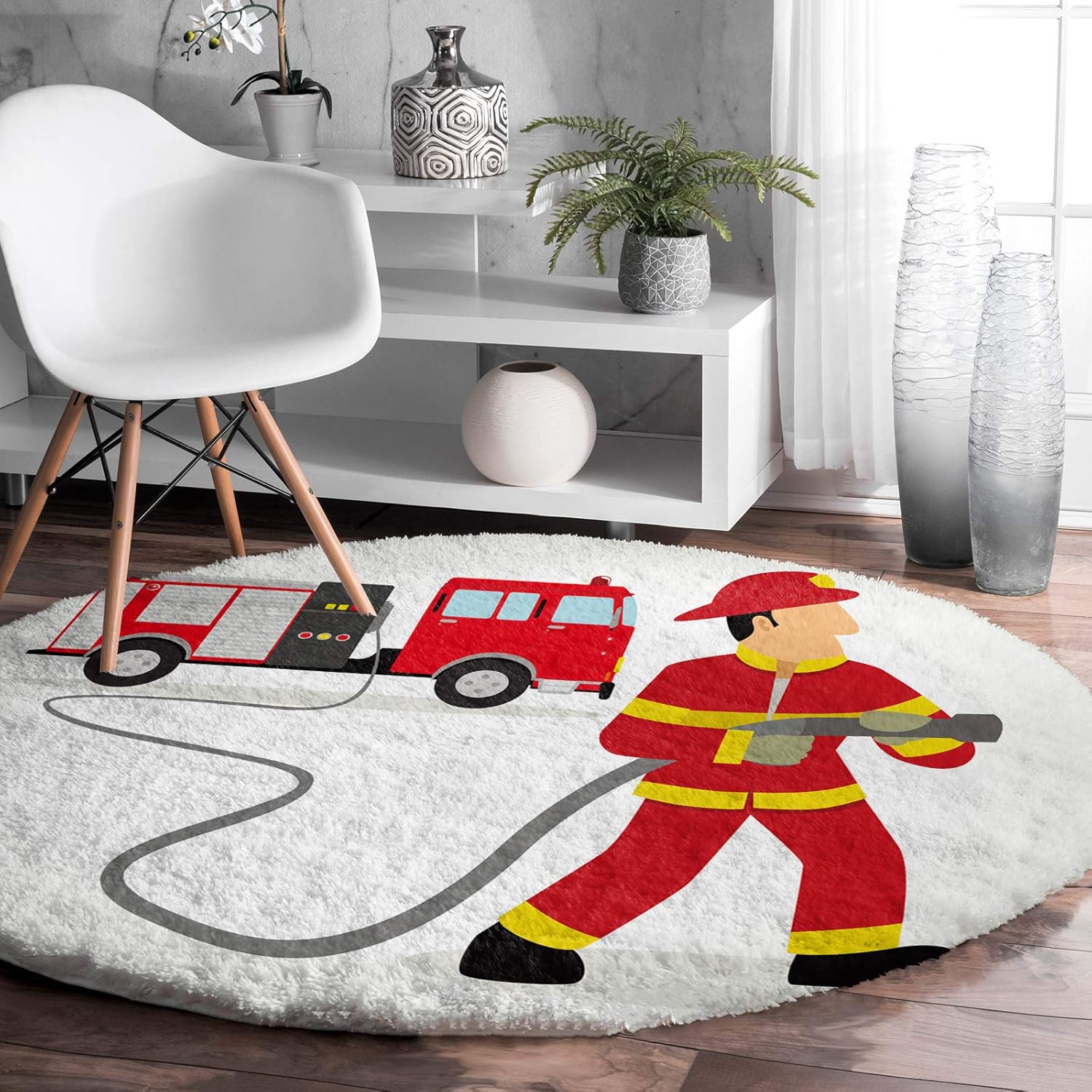 Alfombra de área de 4 pies, redonda, para interiores, camión de bomberos y bomberos, alfombra lanuda para niños, habitación de bebé, sala de estar,