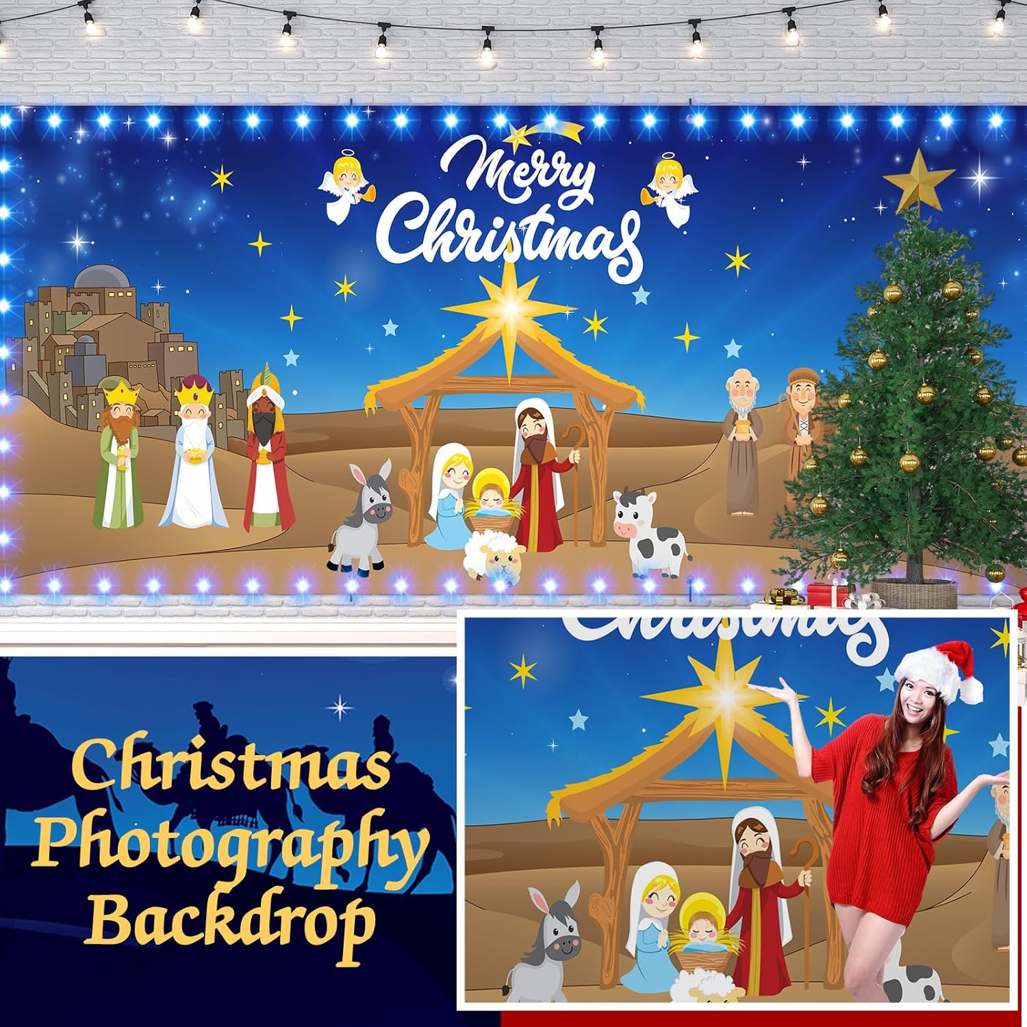 Cartel de Navidad para puerta de garaje al aire libre, 7 x 16 pies, decoración de fondo grande de Navidad con tira de luces LED, cubierta de vinilo