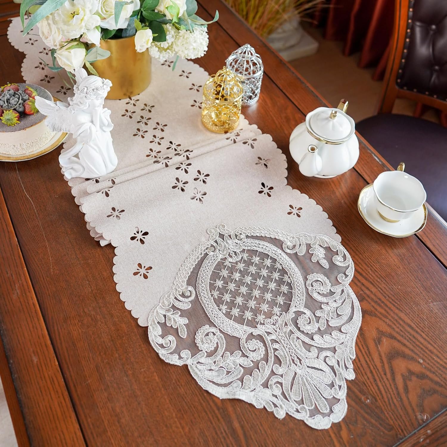 ARTABLE Camino de mesa de encaje con bordado de cuerda, bufanda de tocador retro con patrón clásico, flores, tela natural, mesa de café, vintage,