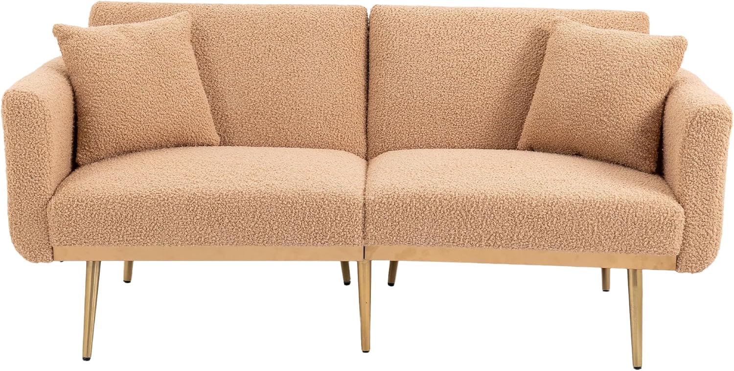 Kakotito Sofá biplaza de terciopelo moderno de mediados de siglo, sofá pequeño con 7 patas de metal dorado (Camel Teddy)