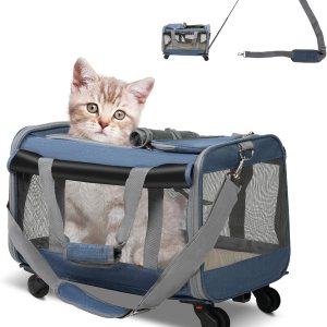 LUCKYERMORE Transportador plegable para mascotas con ruedas para gatos pequeños perros cachorros de hasta 27.5 libras, bolsa portátil para gatos LUCKYERMORE Transportador plegable para mascotas con ruedas para gatos pequeños perros cachorros de hasta 27.5 libras, bolsa portátil para gatos