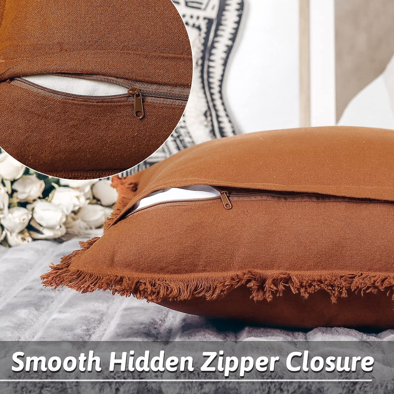 NEXHOME PRO Juego de 2 fundas de almohada bohemias de 20 x 20 pulgadas para sofá, fundas de almohada decorativas hechas a mano de lino para sofá