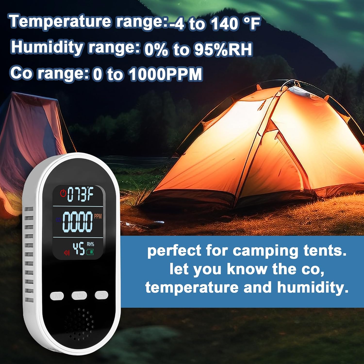 Vzmcov Detector de monóxido de carbono 3 en 1 portátil. Mini monitor de calidad del aire con alarma de cordón, sensor de gas COhumedadtemperatura