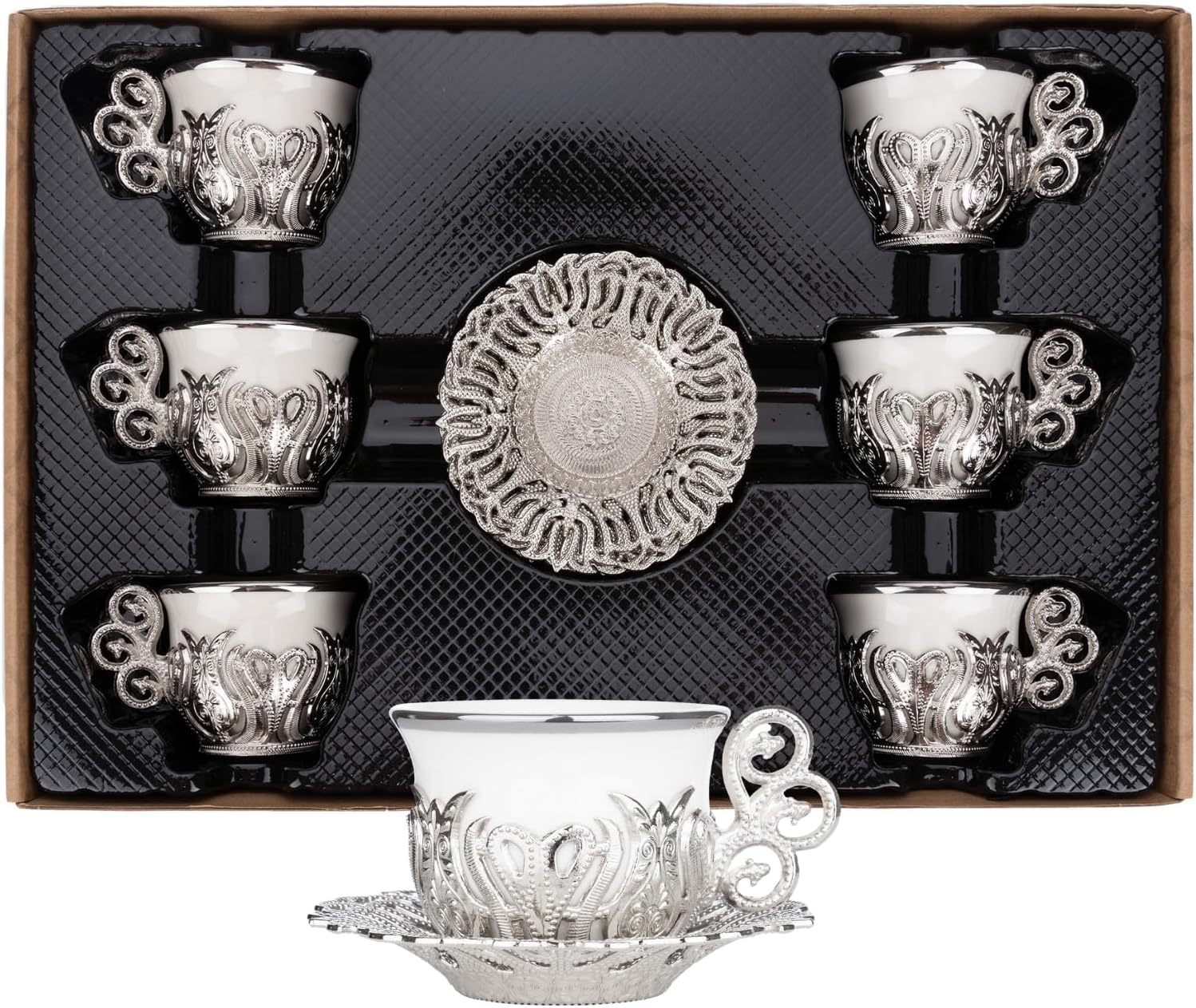 Alisveristime Juego de tazas de café turco, porcelana blanca y metal de zinc con motivos turcos, 6 tazas y platillos (plateado)