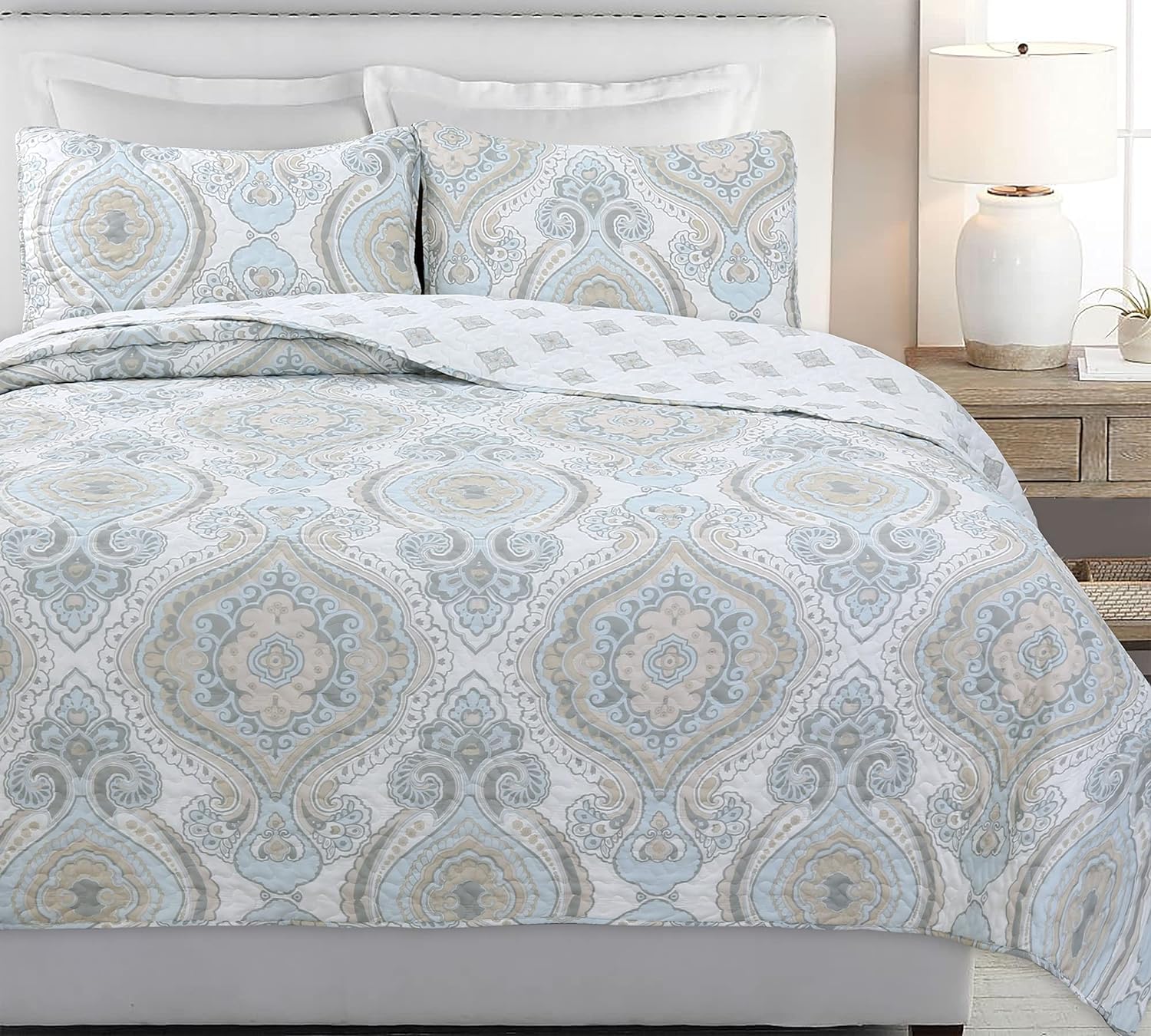 Cozy Line Home Fashions Juego de ropa de cama reversible de microfibra azul cielo, color gris tostado, colcha (medallón moderno, tamaño Queen, 3