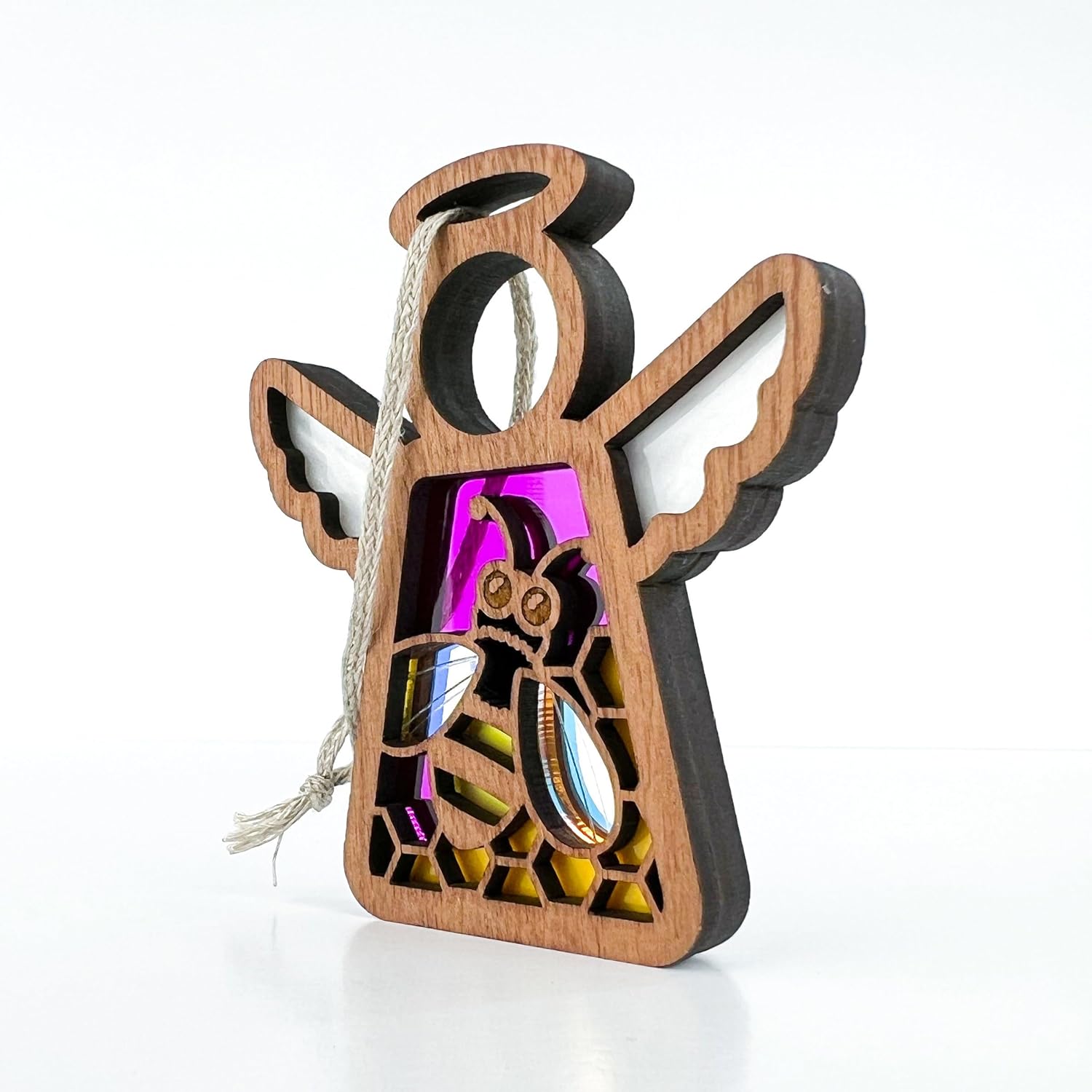 Honey Bee Ornament with Honeycomb Motif Design – Magenta Pink Angel Figurines – Ideal Bee Decor or Bee Kitchen Decor for Mom, Best Friend, Coworker,