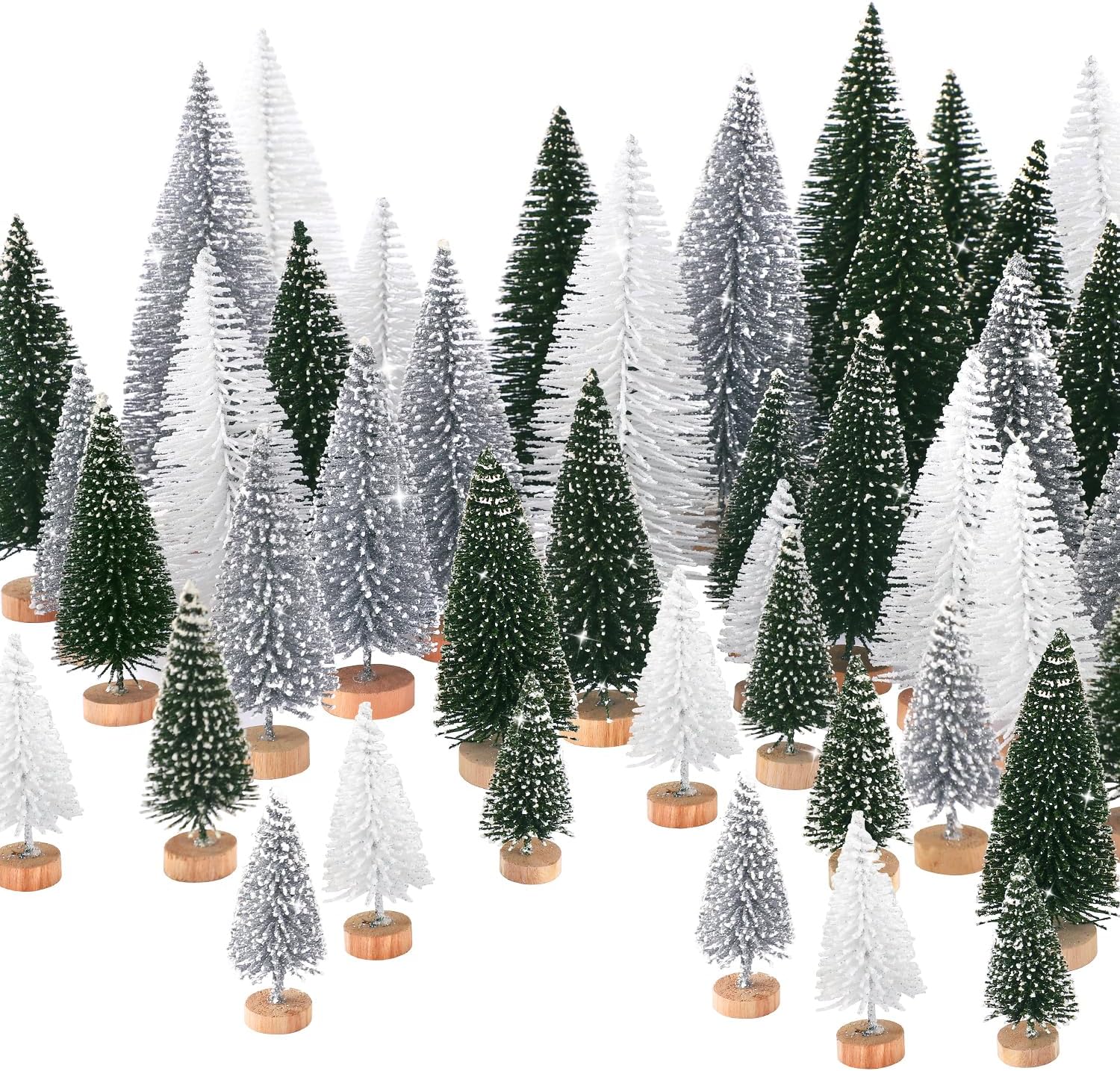 30 piezas de mini decoración de árbol de Navidad, árbol de Navidad artificial, 5 tamaños, mini árboles de escarcha de nieve de sisal con base de