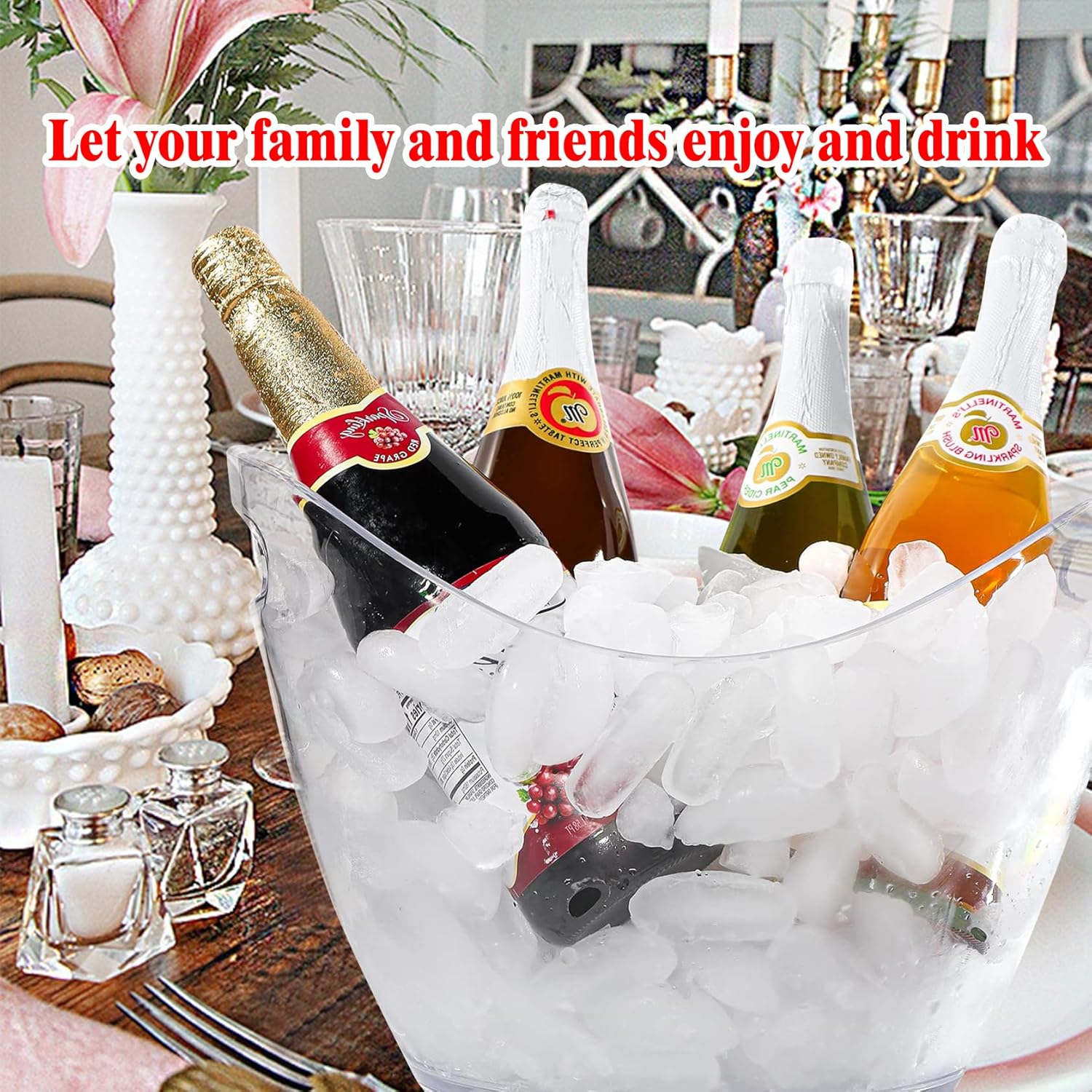 Bonchoice Cubo de hielo de 4 litros y 8 litros, cubeta de bebidas para vino champán para fiestas, tina de hielo acrílico de plástico con cucharas