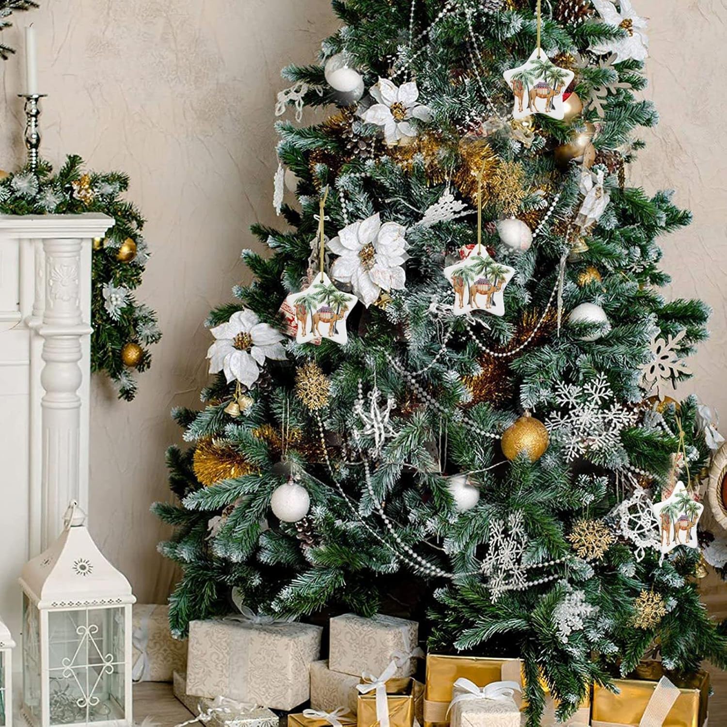 Adorno colgante de Navidad en forma de estrella de cerámica, camellos bajo palmeras, adorno colgante personalizado para árbol de Navidad