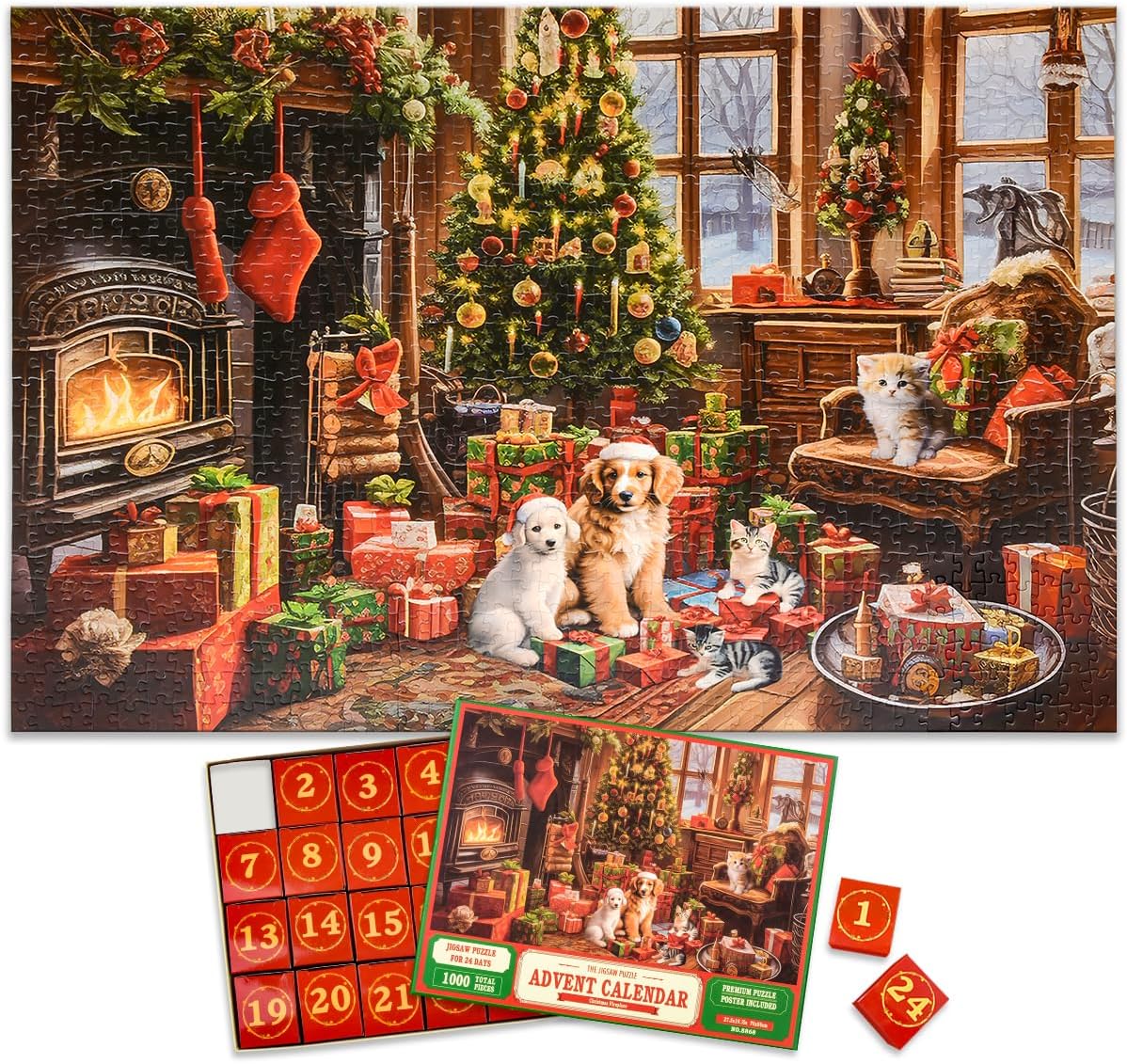 Calendario de Adviento de Navidad 2023 – Rompecabezas de 1000 piezas de chimenea para niños y adultos, 27.6 x 19.7 pulgadas, 24 cajas de