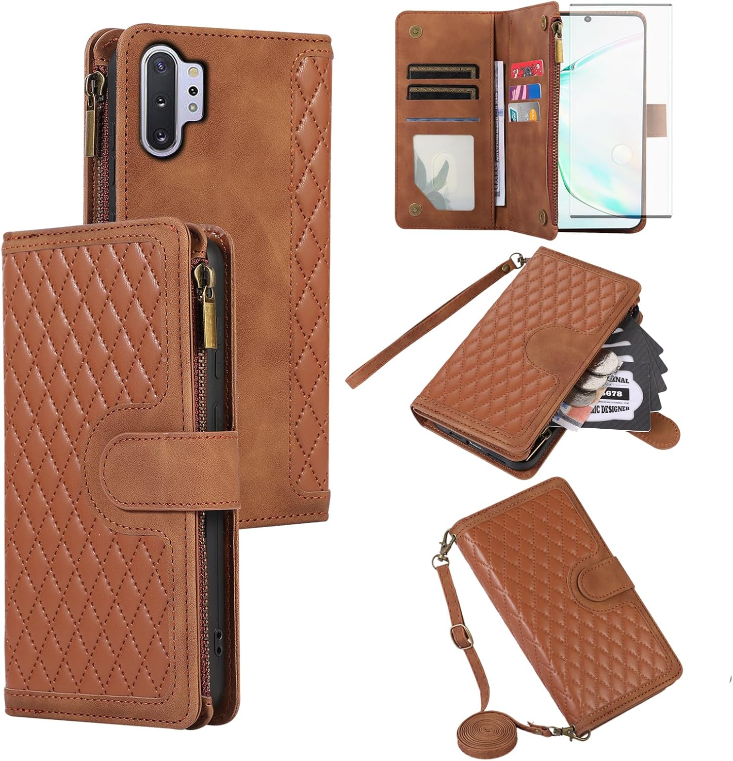 Asuwish Funda para teléfono Samsung Galaxy Note 10 Plus Note10+ 5G Funda tipo cartera con protector de pantalla de vidrio templado y tarjetero con