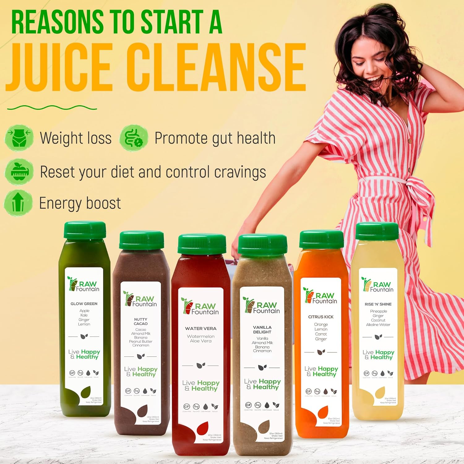 Raw Fountain, limpieza de jugo de proteína para 7 días, limpieza natural de desintoxicación cruda, frutas prensadas en frío, verduras, sabor