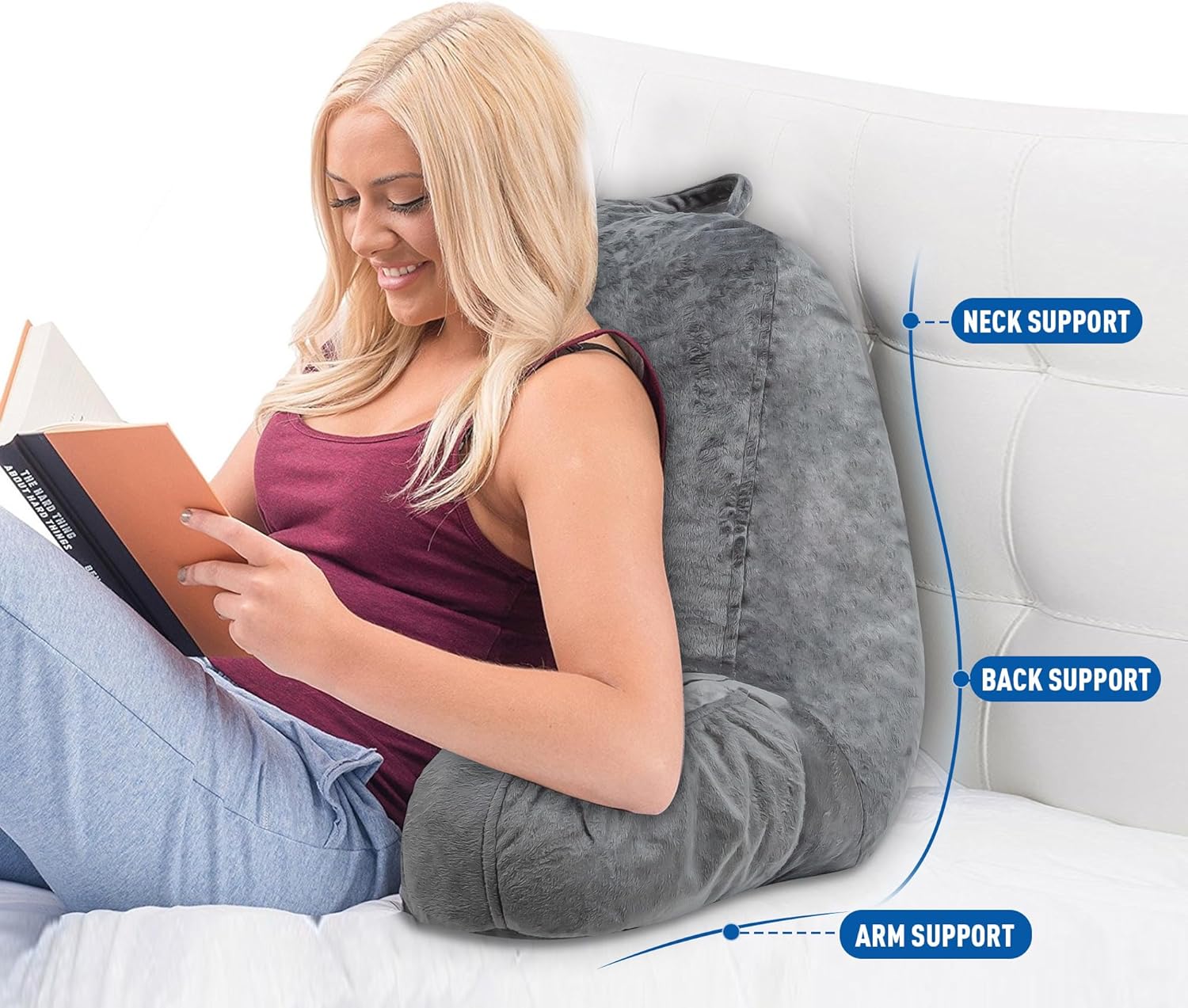 Almohada de lectura para sentarse en la cama, adultos y niños, tamaño estándar con brazos y bolsillo lateral, relleno de espuma viscoelástica,