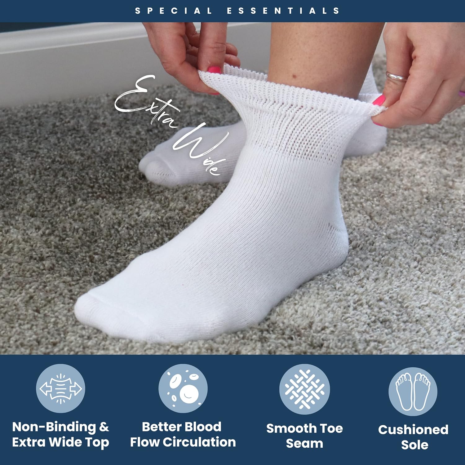 Special Essentials 12 pares de calcetines tobilleros de algodón para diabéticos, no vinculantes con parte superior extra ancha para hombres y mujeres