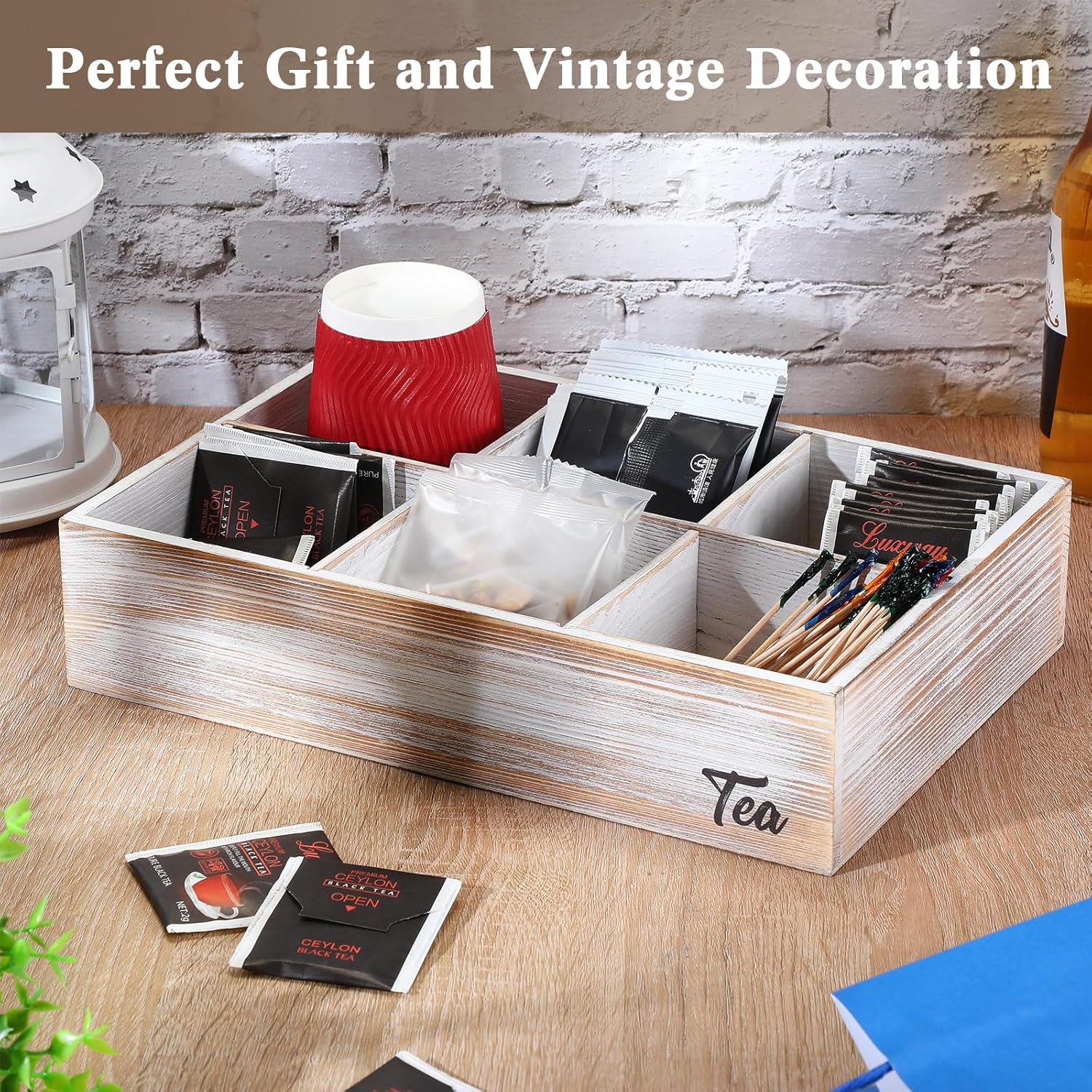 2 soportes de madera para bolsitas de té con 6 compartimentos, soporte para paquetes de azúcar de madera encalada, organizador de bolsas de té para