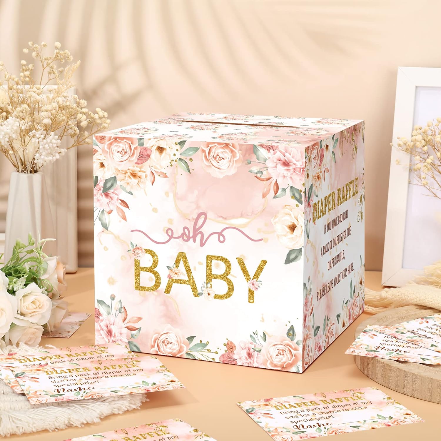 Teling 51 boletos para rifas de pañales con caja de tarjetas, decoración de baby shower, caja de soporte para baby shower, para fiesta de rifas de
