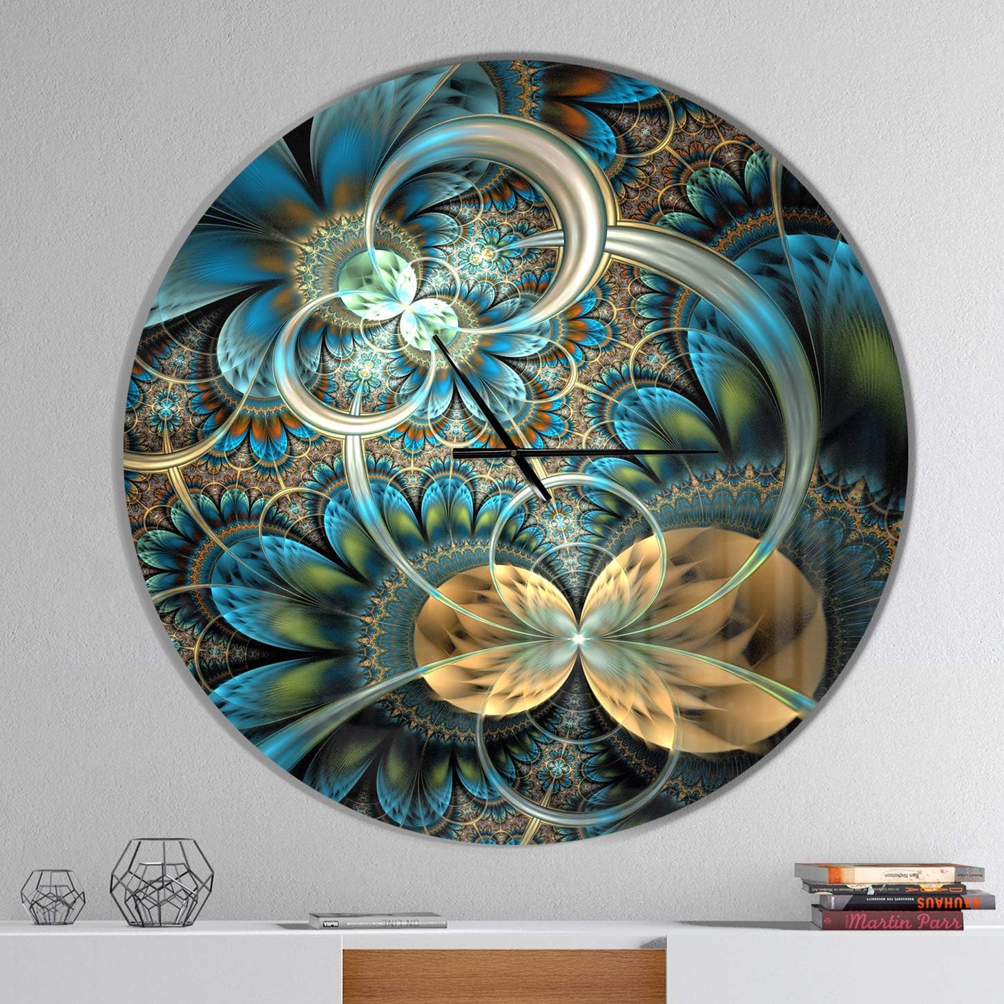 Reloj de pared moderno con diseño de flor fractal dorada simétrica para decoración del hogar, dormitorio, baño, oficina, sala de estar, 7277, 36 x
