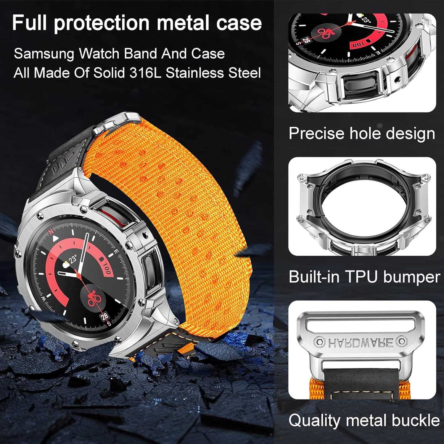 MioHHR Funda de metal con correas compatible con Samsung Galaxy Watch 5 Pro (1.772 pulgadas), Galaxy Watch 654 (1.732 pulgadas), correas de nailon