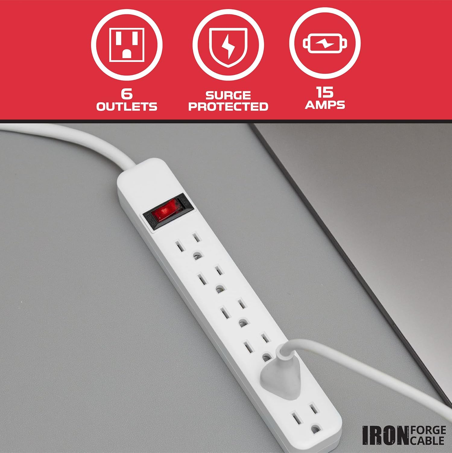 Iron Forge Cable Regleta de protección contra sobretensiones de 6 tomas, cable de 25 pies, regleta de alimentación blanca SJT 143 con cable largo de