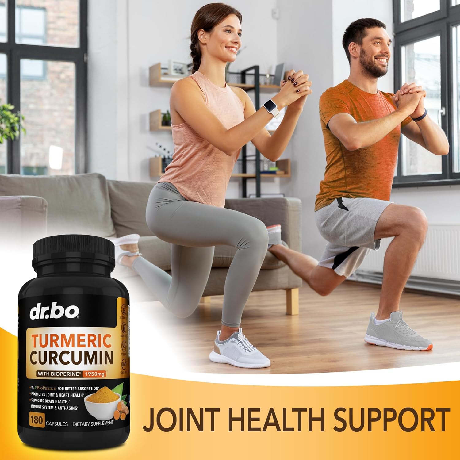 Curcumina de cúrcuma con cápsulas de suplemento BioPerine, suplementos naturales de apoyo articular con 1950 mg de cúrcuma Longa Pure Organic