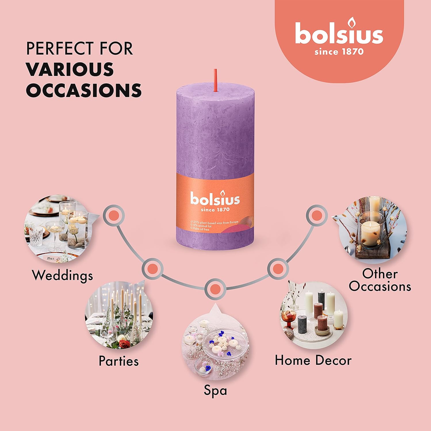 BOLSIUS Paquete de 4 velas rústicas de pilar violeta vibrante (púrpura), 2 x 4 pulgadas, calidad europea premium, incluye cera natural a base de