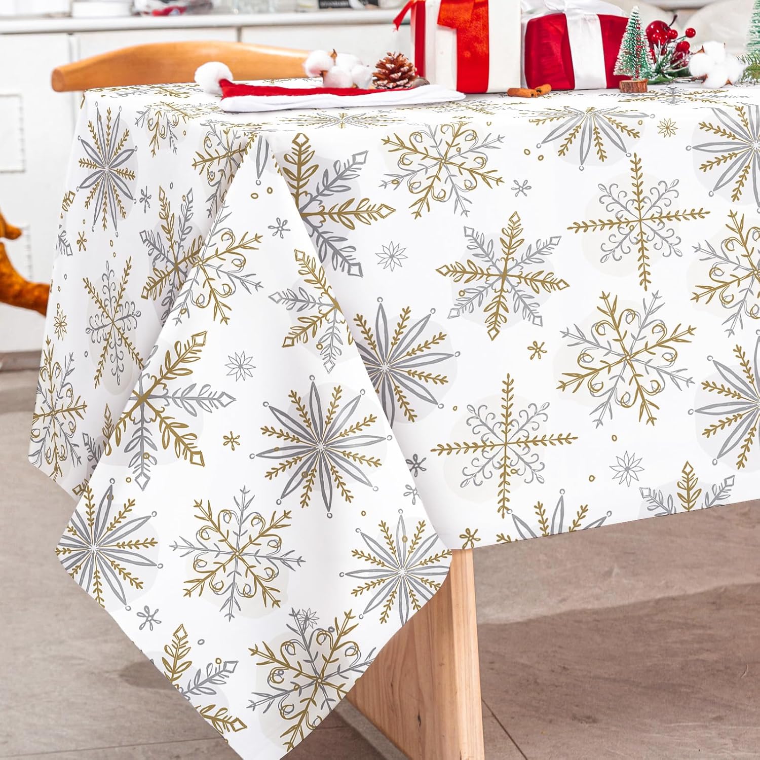 AnyDesign Mantel de Navidad de invierno, mantel de copo de nieve dorado y plateado, lavable, para Navidad, invierno, vacaciones, fiesta, picnic,