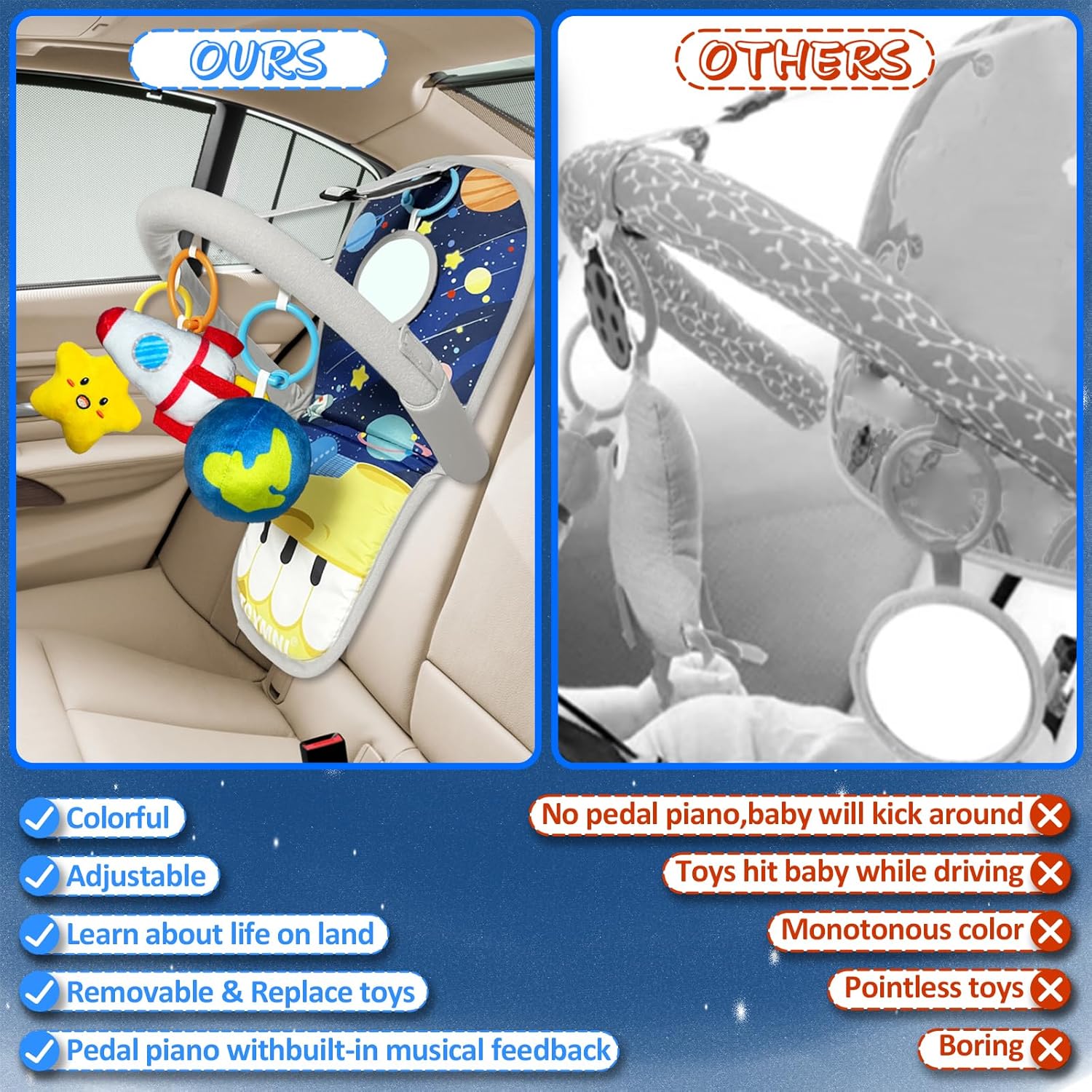 Juguetes de asiento de automóvil para bebés de 6 meses en adelante, juguetes de asiento de automóvil con piano de pedal musical, espejo de bebé y