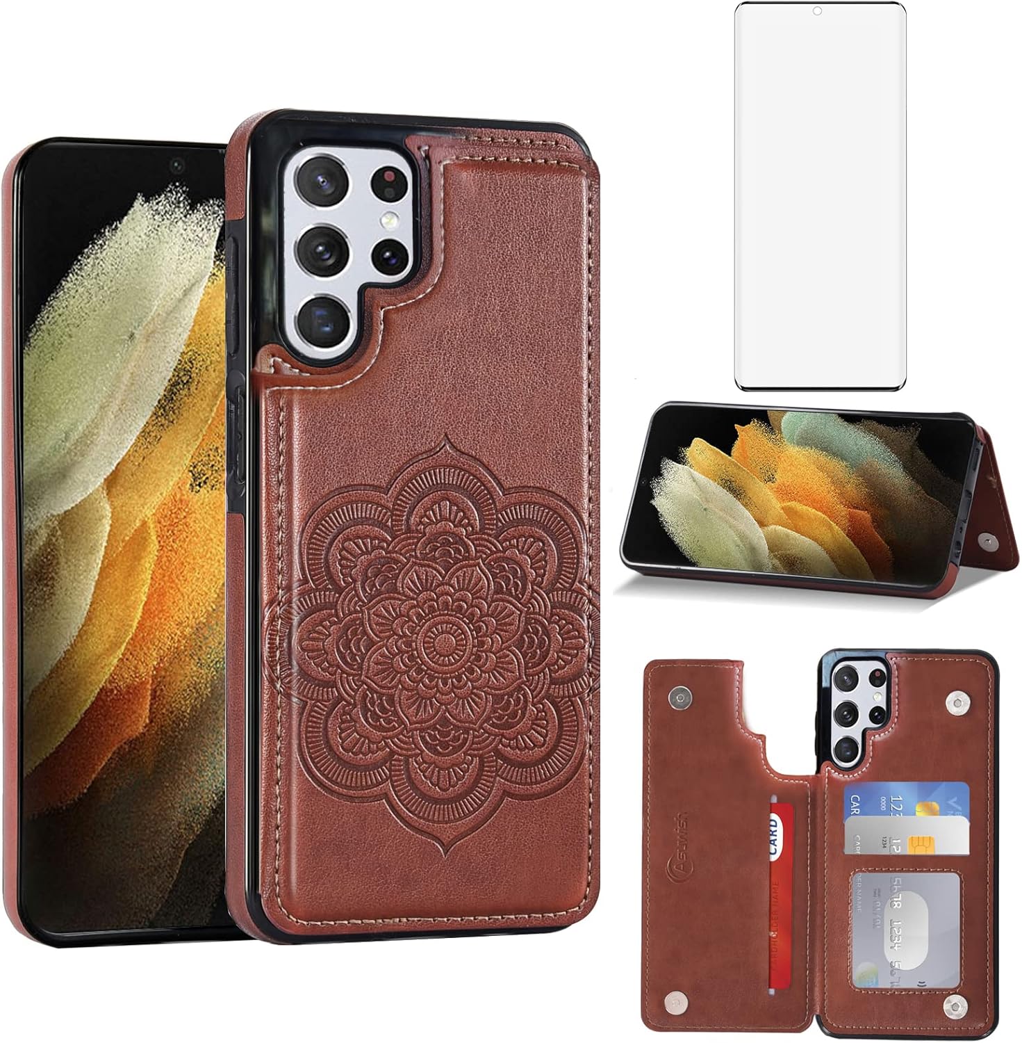 Asuwish Funda de teléfono para Samsung Galaxy S21 Ultra Glaxay S21ultra 5G Funda tipo cartera con protector de pantalla de vidrio templado y soporte