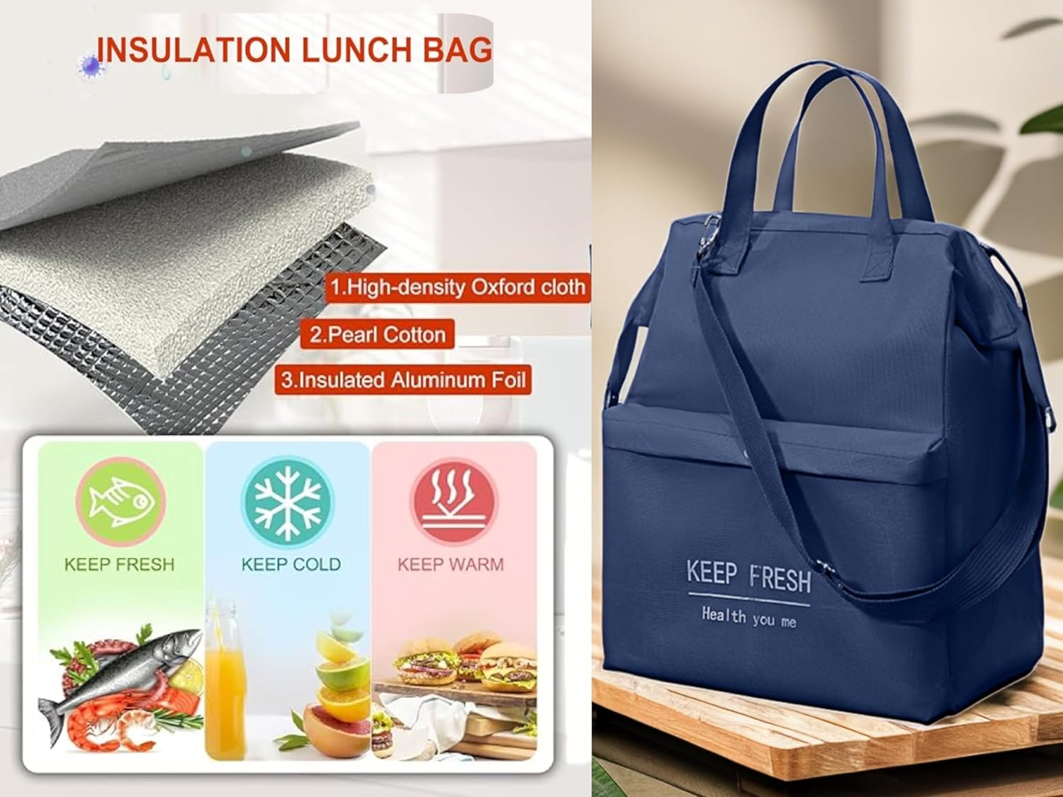 Lonchera aislada, 11 x 6.3 x 14.1 pulgadas, bolsa térmica Bento portátil, lonchera azul portátil, lonchera para mujeres, bolsa de almuerzo para