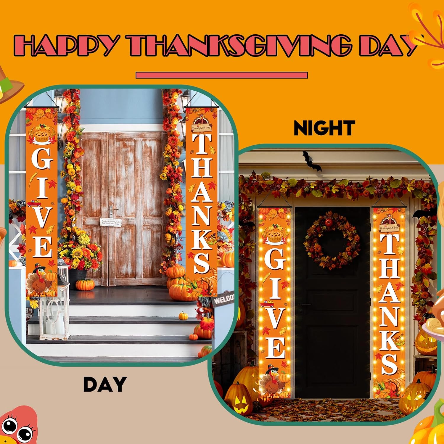 2 pares de carteles de Navidad y Acción de Gracias para porche con cadena de luces LED, Acción de Gracias, Navidad, colgantes, decoración de puerta