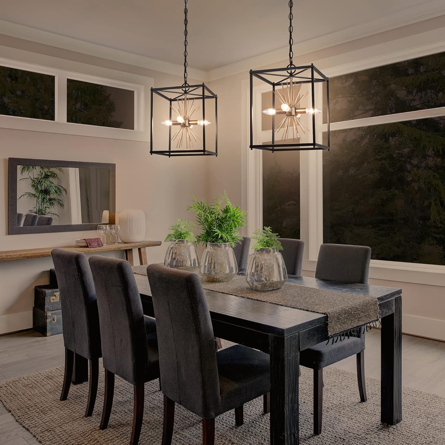 Durent Lighting Candelabro moderno de granja, lámpara negra de 4 luces con diseño de estrella dorada, lámpara colgante de metal cuadrado industrial