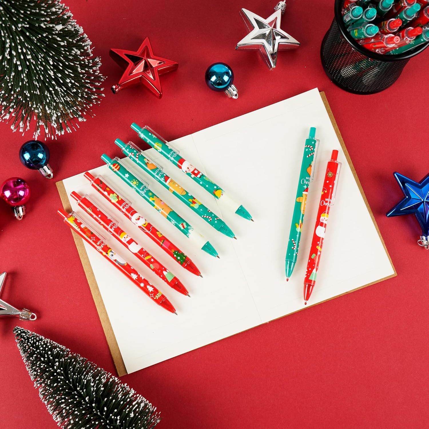 100 bolígrafos de Navidad a granel, bolígrafos retráctiles de Navidad, Papá Noel, muñeco de nieve, árbol de Navidad, bolígrafos de 0.020 in para