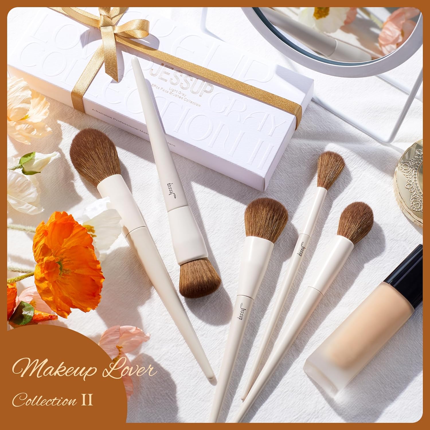 Jessup Juego de 5 brochas de maquillaje facial, cepillo de base suave vegano, brocha para rubor, bronceador, brocha de contorno iluminador, cepillo