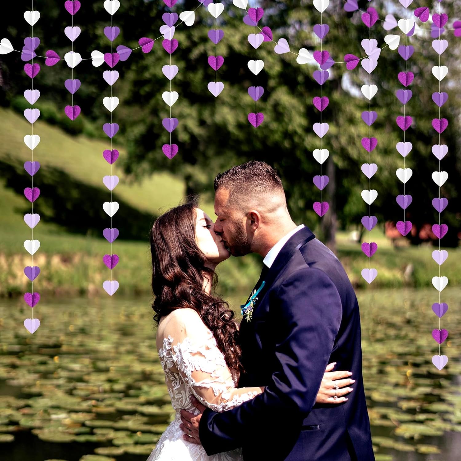 Guirnalda de corazones para decoración de fiesta de lavanda blanca y morada, 39 pies, suministros de cumpleaños 3D para mujeres y niñas, pancarta de