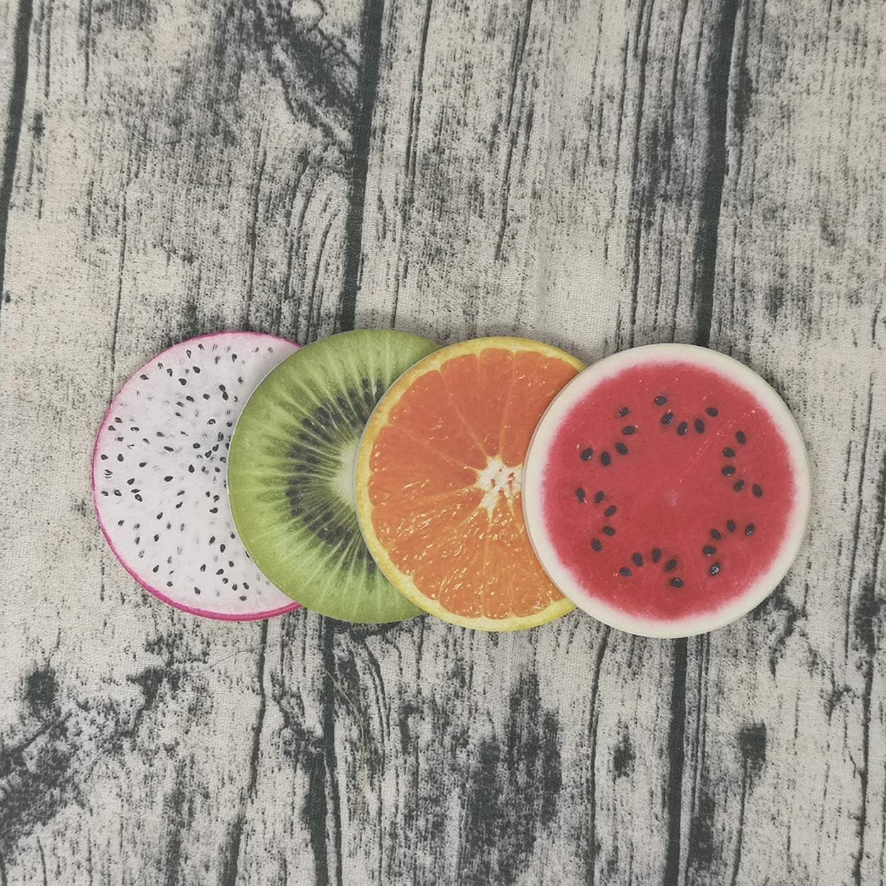 Posavasos para bebidas, 4 piezas, divertido juego de cerámica absorbente de piedra, kiwi fresco, fruta del dragón, sandía, naranja, posavasos para