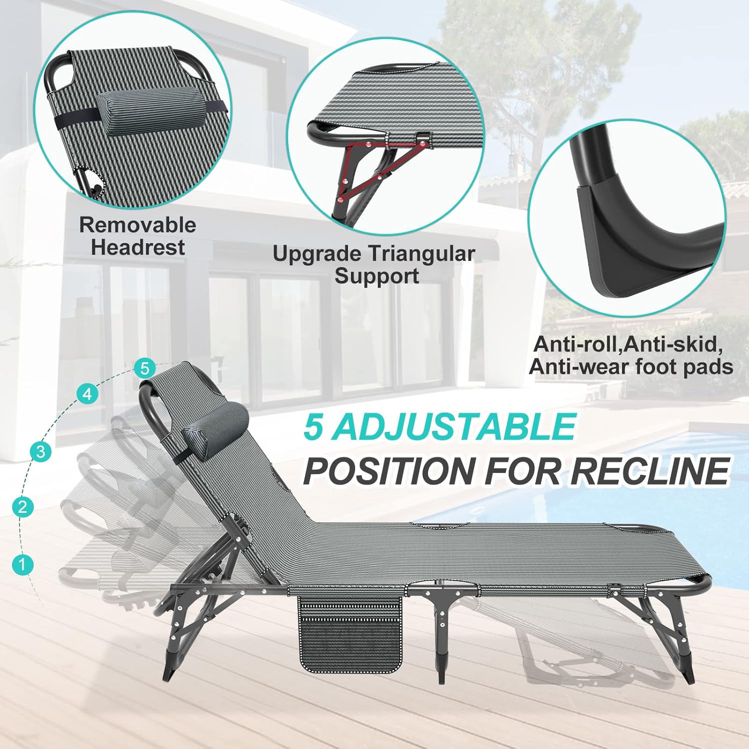 ABORON Paquete de 2 sillas plegables 3 en 1, silla tumbona de carga resistente de 500 libras, silla portátil ajustable para el hogar, jardín, playa,