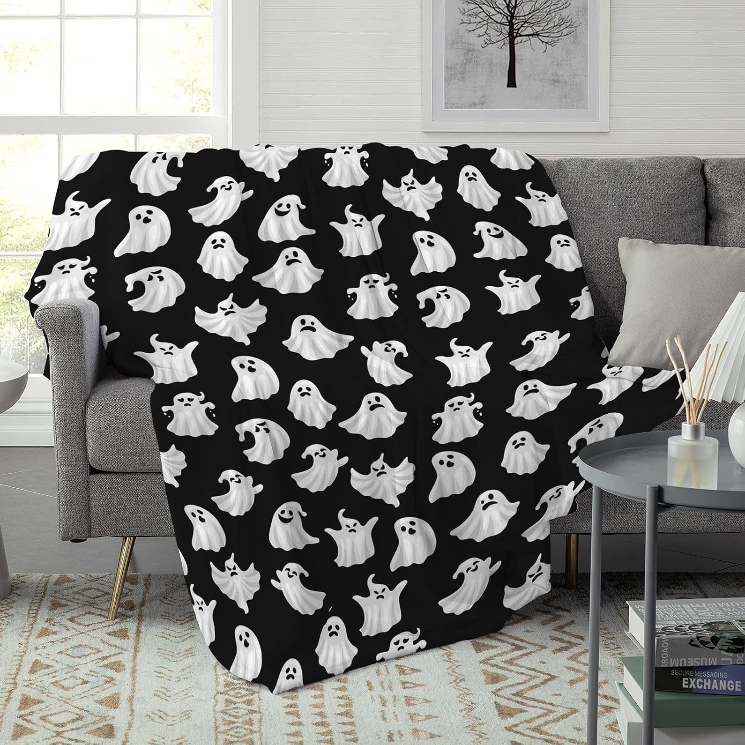 Manta de Halloween de fantasma, fantasma, espeluznante, manta de franela de forro polar blanco y negro para dormitorio, sala de estar, sofá, cama,