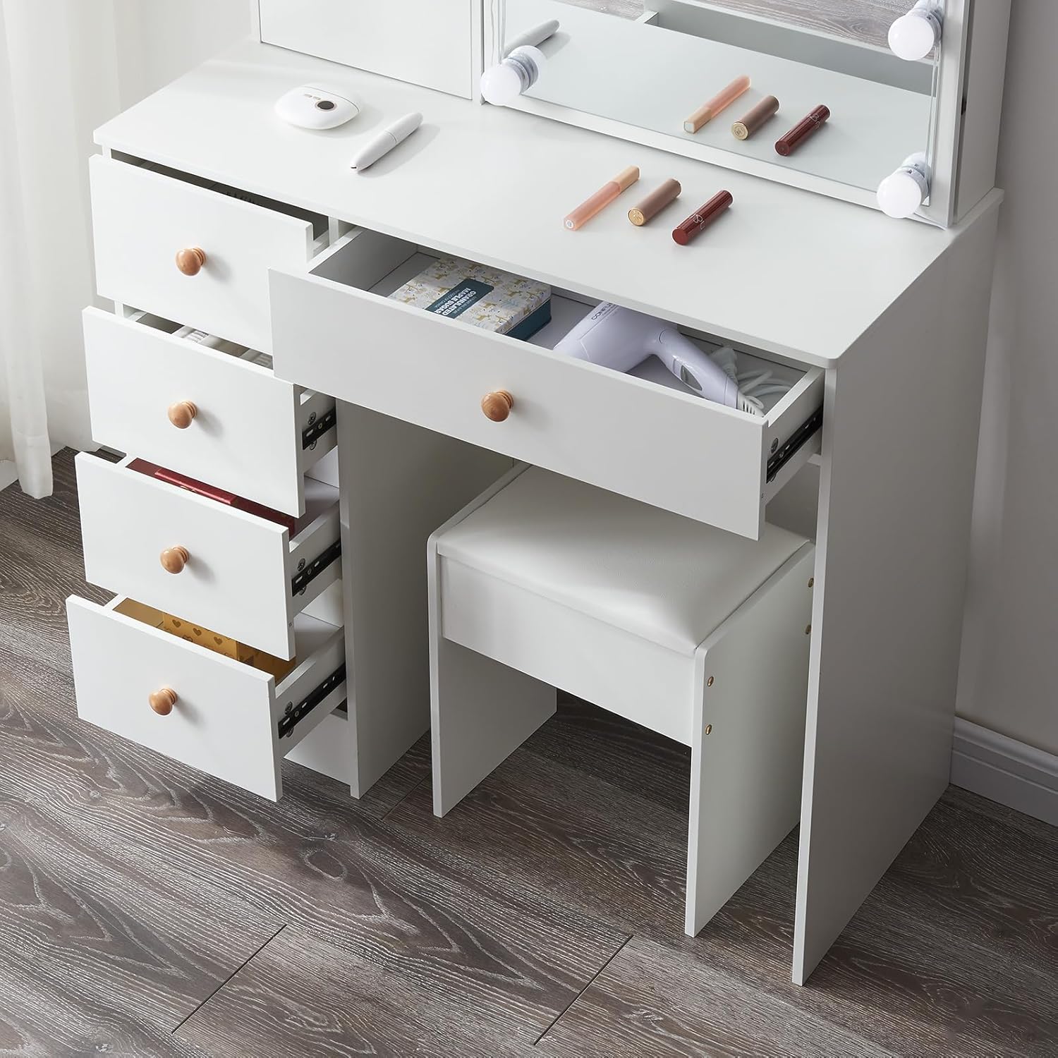 Tocador de maquillaje con luces, mesa de tocador moderna con espejo iluminado y 10 bombillas LED, escritorio de tocador con 5 cajones y gabinete,