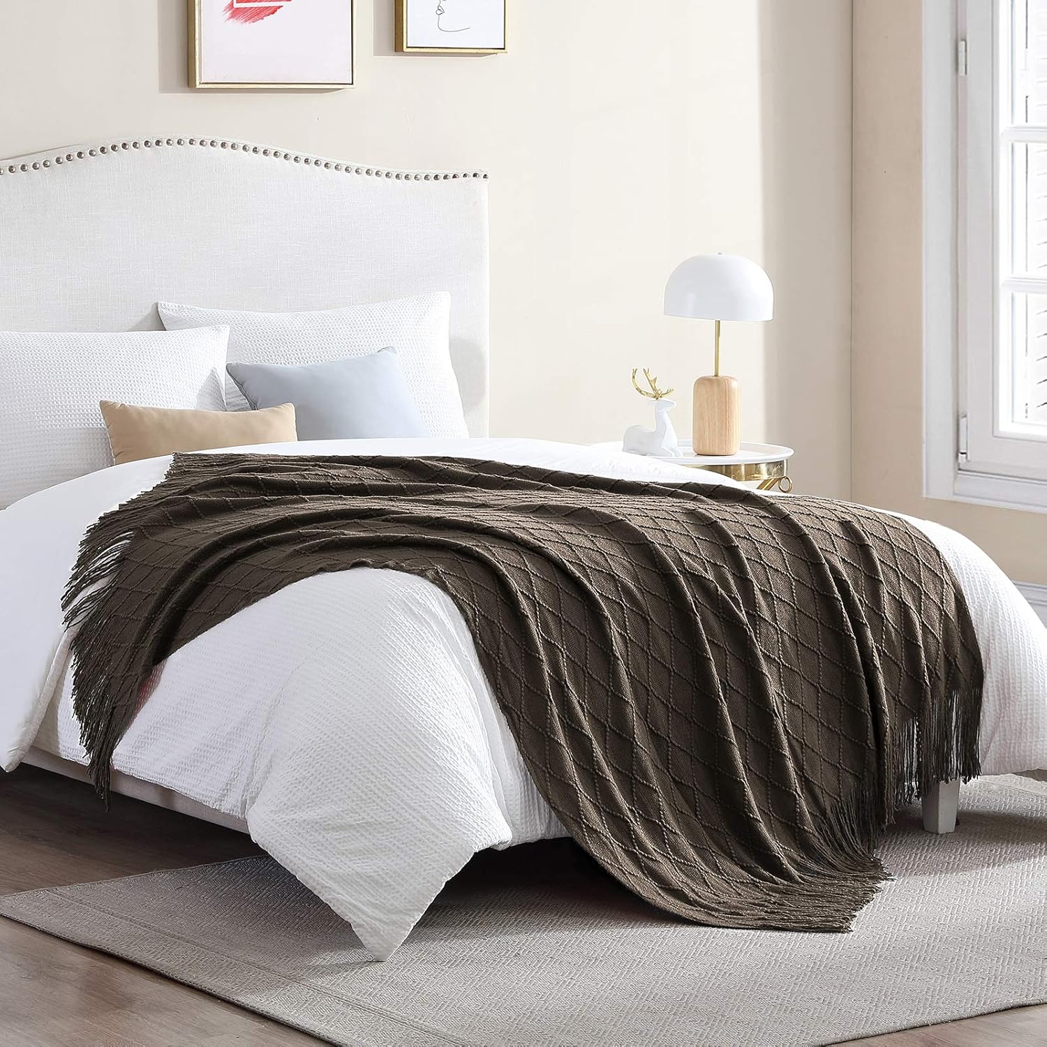 Walensee – Manta para sofá, manta tejida 100% acrílica, manta decorativa ligera con borlas para silla, cama, sofá, viaje, apta para todas las
